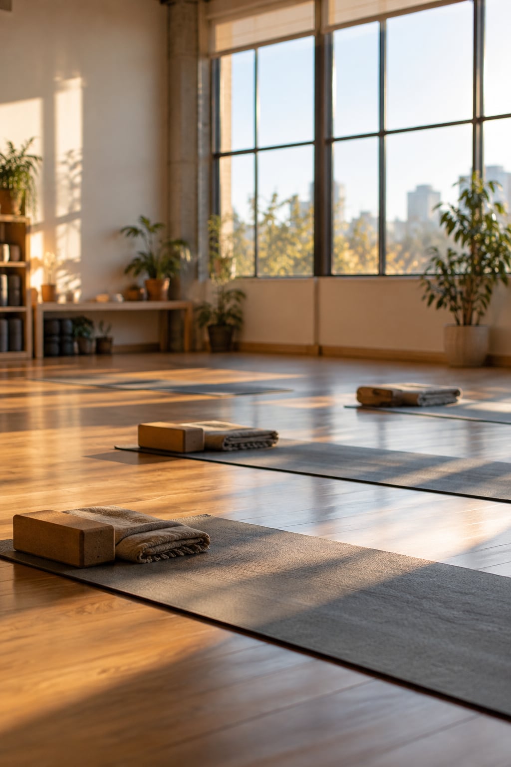 The empty practice room with morning sun across the wood floor